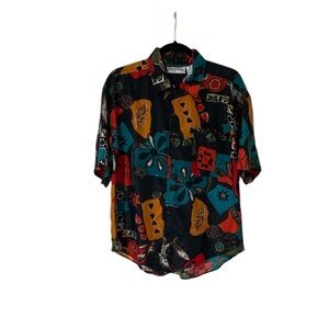 Vintage Jane Ashley Shirt Silk Button Up Short Sleeve Floral Hawaiian Size M